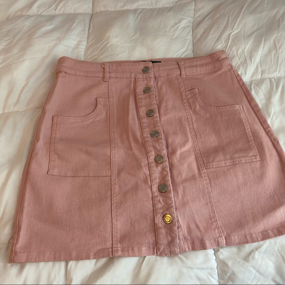 light pink denim button up skirt